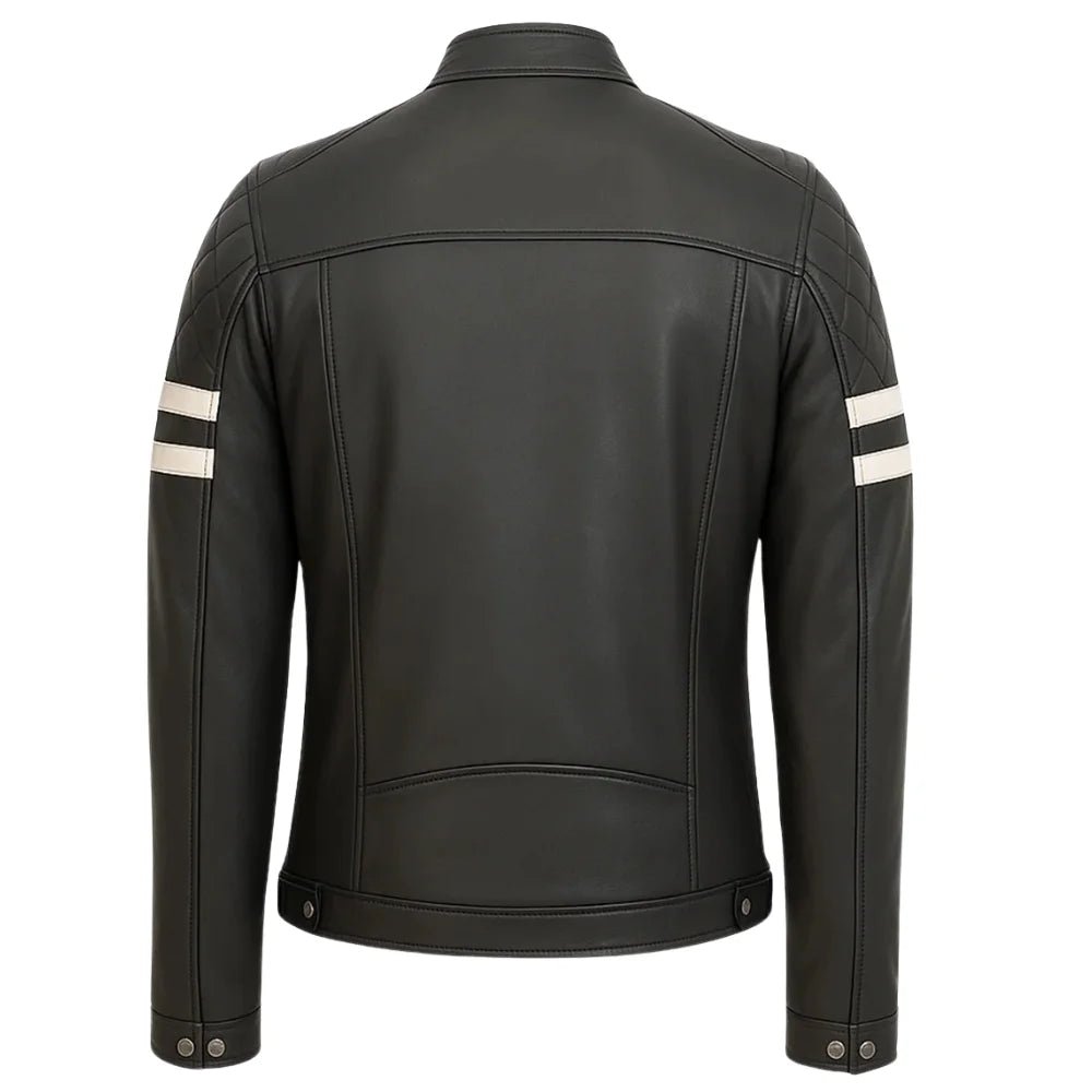Men's Black White Striped Leather Jacket - Image 5
