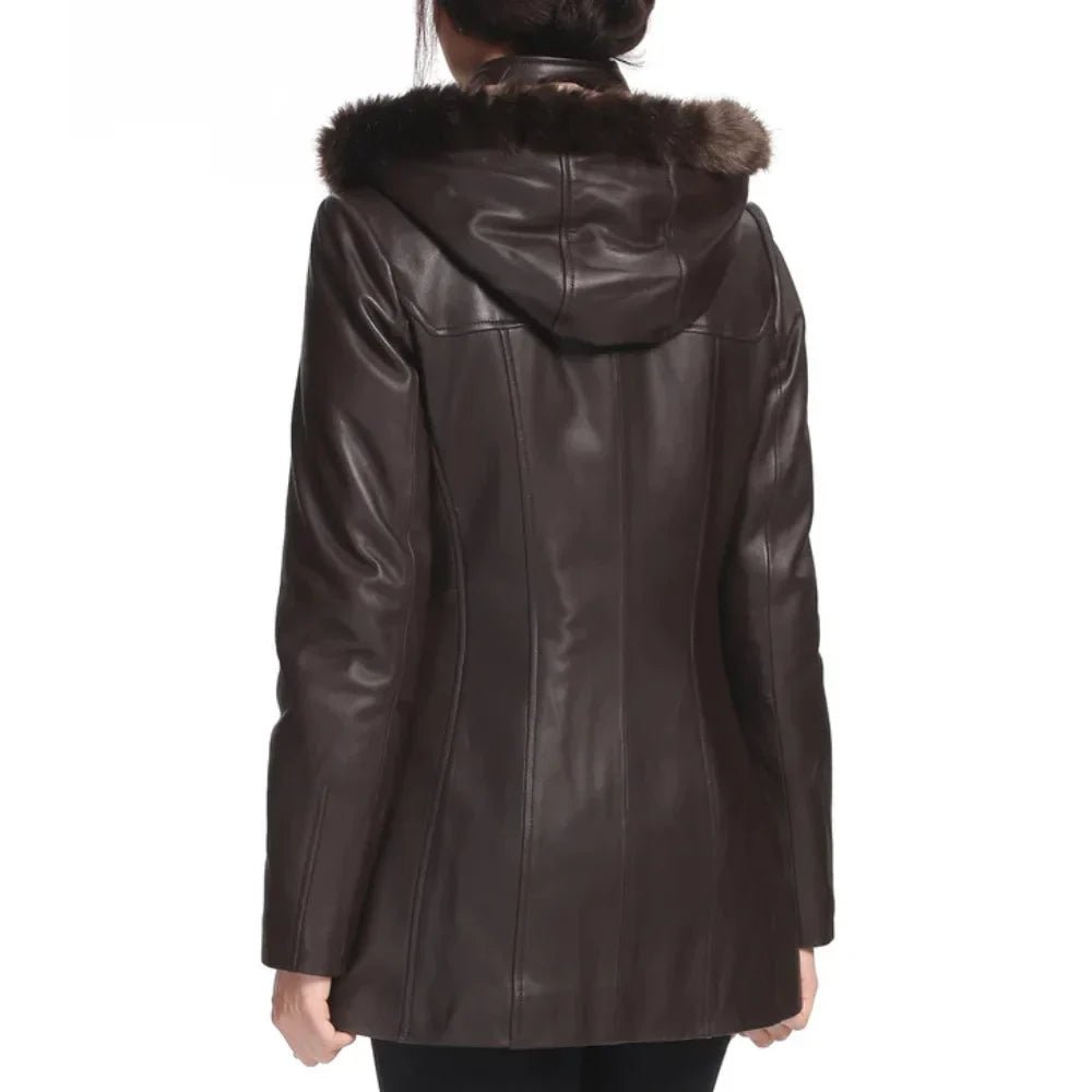 Women’s Amanda Brown Lambskin Leather Toggle Coat with Hood - Image 4