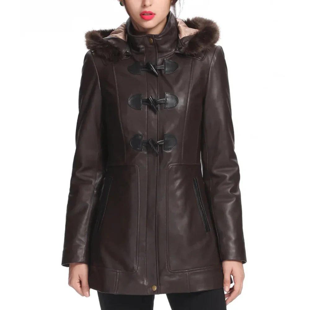 Women’s Amanda Brown Lambskin Leather Toggle Coat with Hood - Image 3