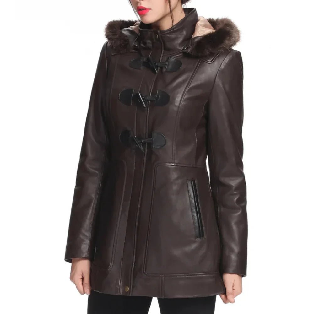 Women’s Amanda Brown Lambskin Leather Toggle Coat with Hood - Image 2