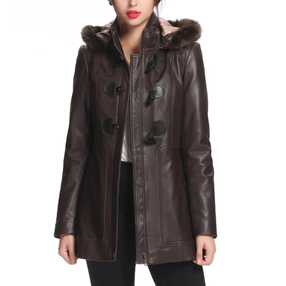 Women’s Amanda Brown Lambskin Leather Toggle Coat with Hood