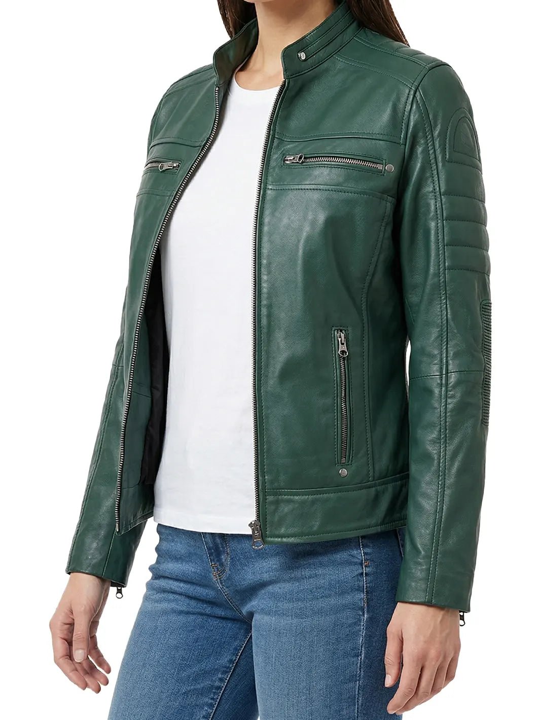 Austin Women Cafe Racer Style Green Leather Jacket - Image 2