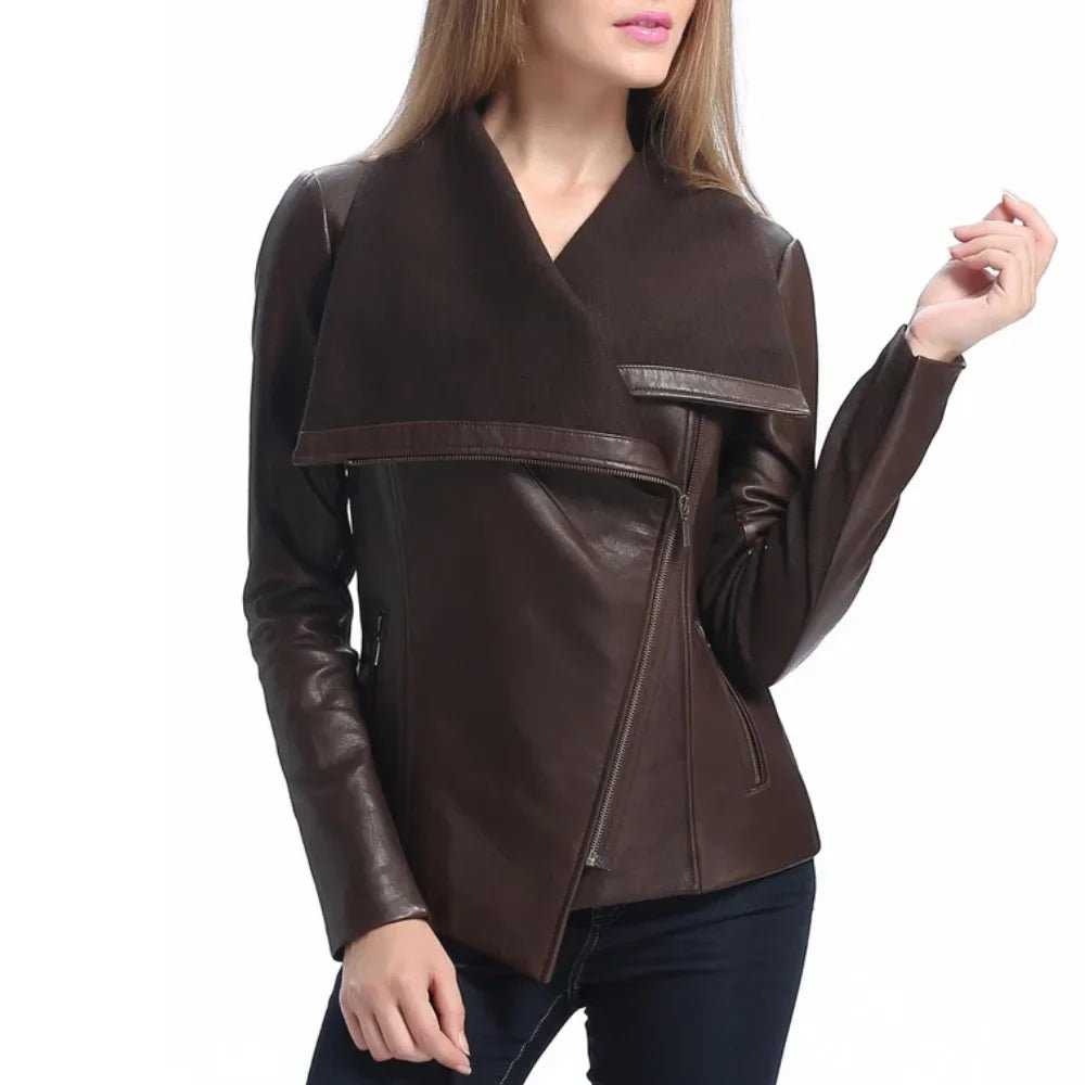 Women's Brown Wool and Leather Drape Collar Jacket - Image 5
