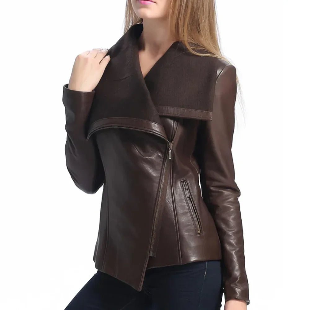 Women's Brown Wool and Leather Drape Collar Jacket - Image 4