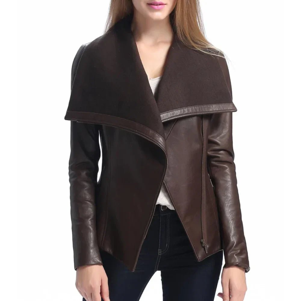 Women's Brown Wool and Leather Drape Collar Jacket