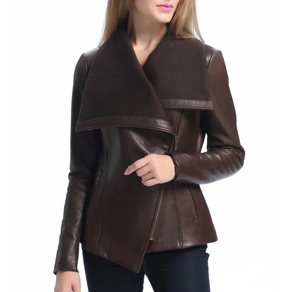 Women's Brown Wool and Leather Drape Collar Jacket - Image 3