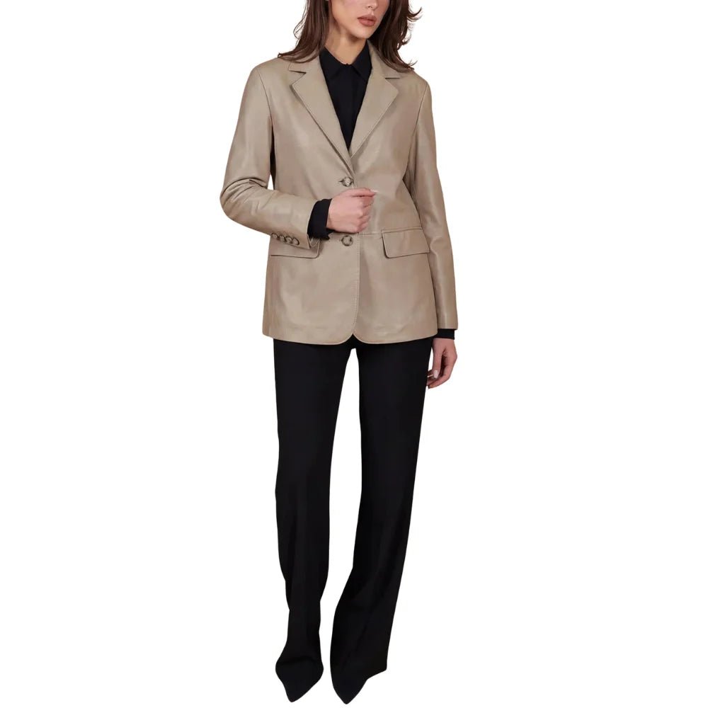 Women's Taupe Two Button Leather Blazer - Image 8