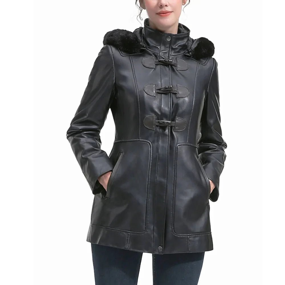 Women's Black Hooded Leather Duffle Coat