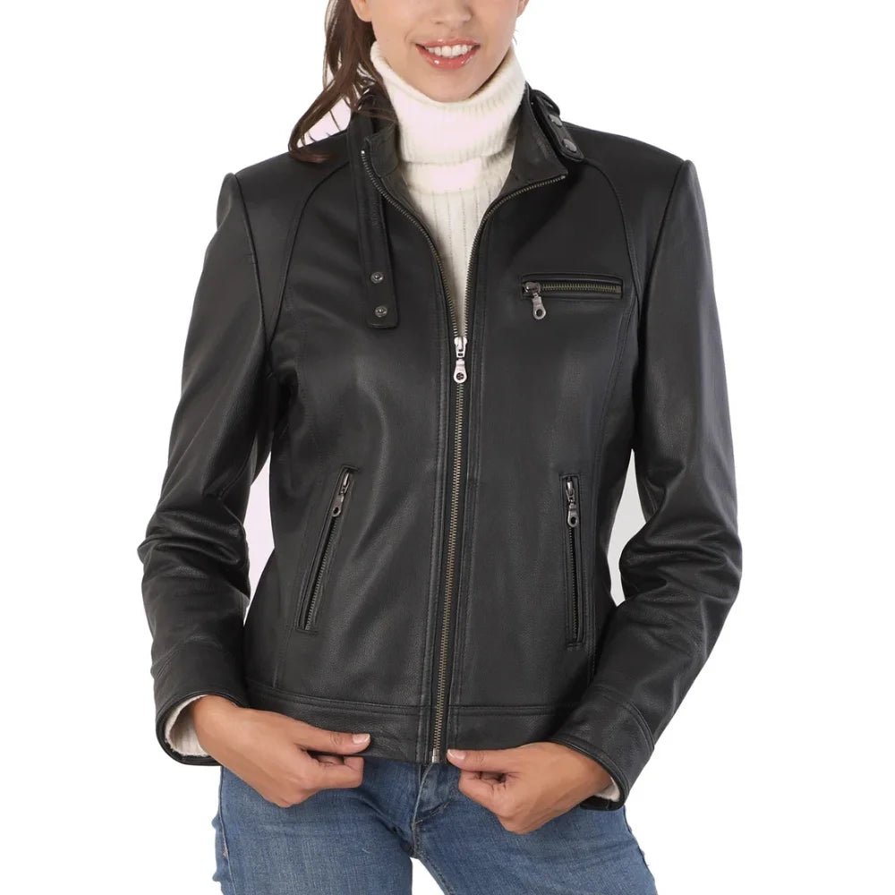 Women's Black Stand Collar Leather Jacket