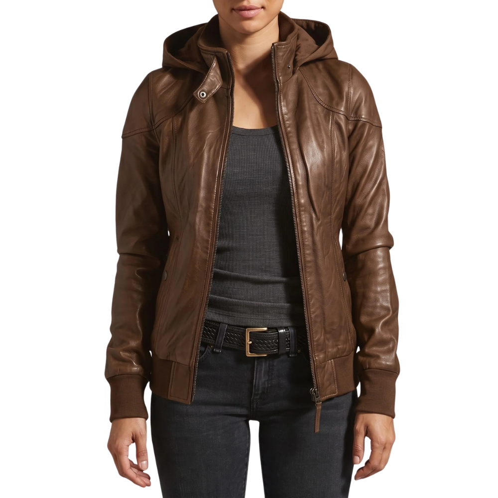 Women's Hooded Brown Leather Jacket - Image 3