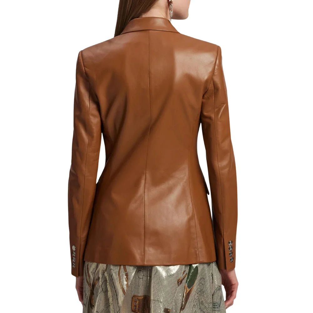Women's Double Breasted Brown Leather Blazer - Image 7