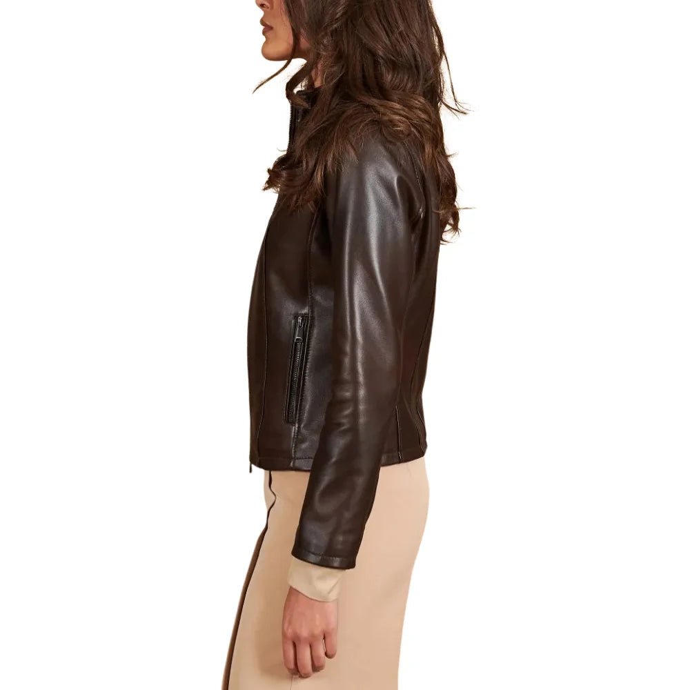 Women's Dark Brown Leather Stand Collar Jacket - Image 9
