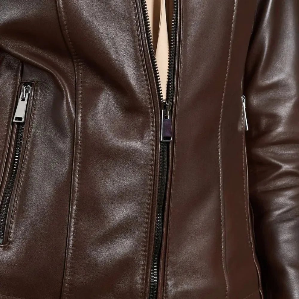 Women's Dark Brown Leather Stand Collar Jacket - Image 10