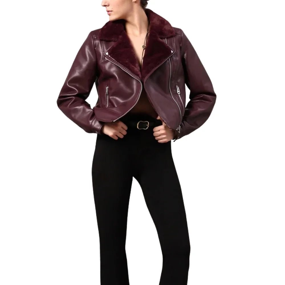 Women's Burgundy Fur Shearling Leather Jacket - Image 4