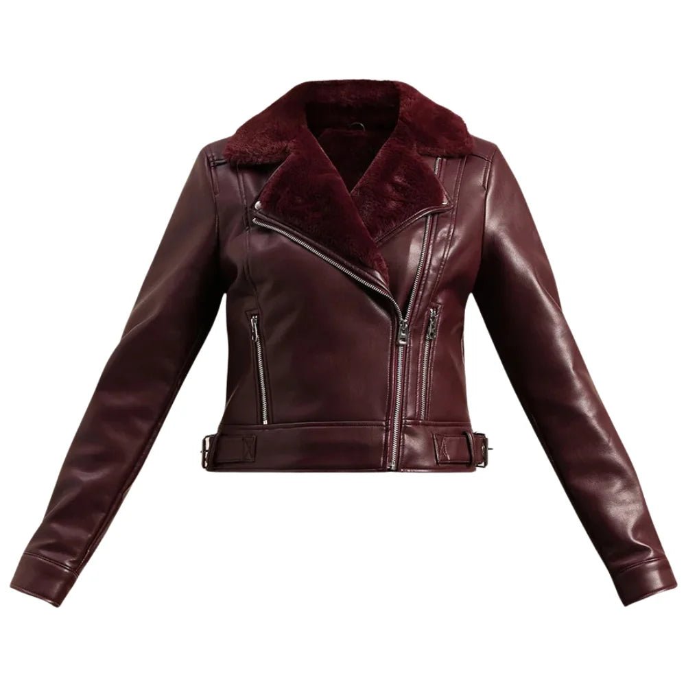 Women's Burgundy Fur Shearling Leather Jacket - Image 7
