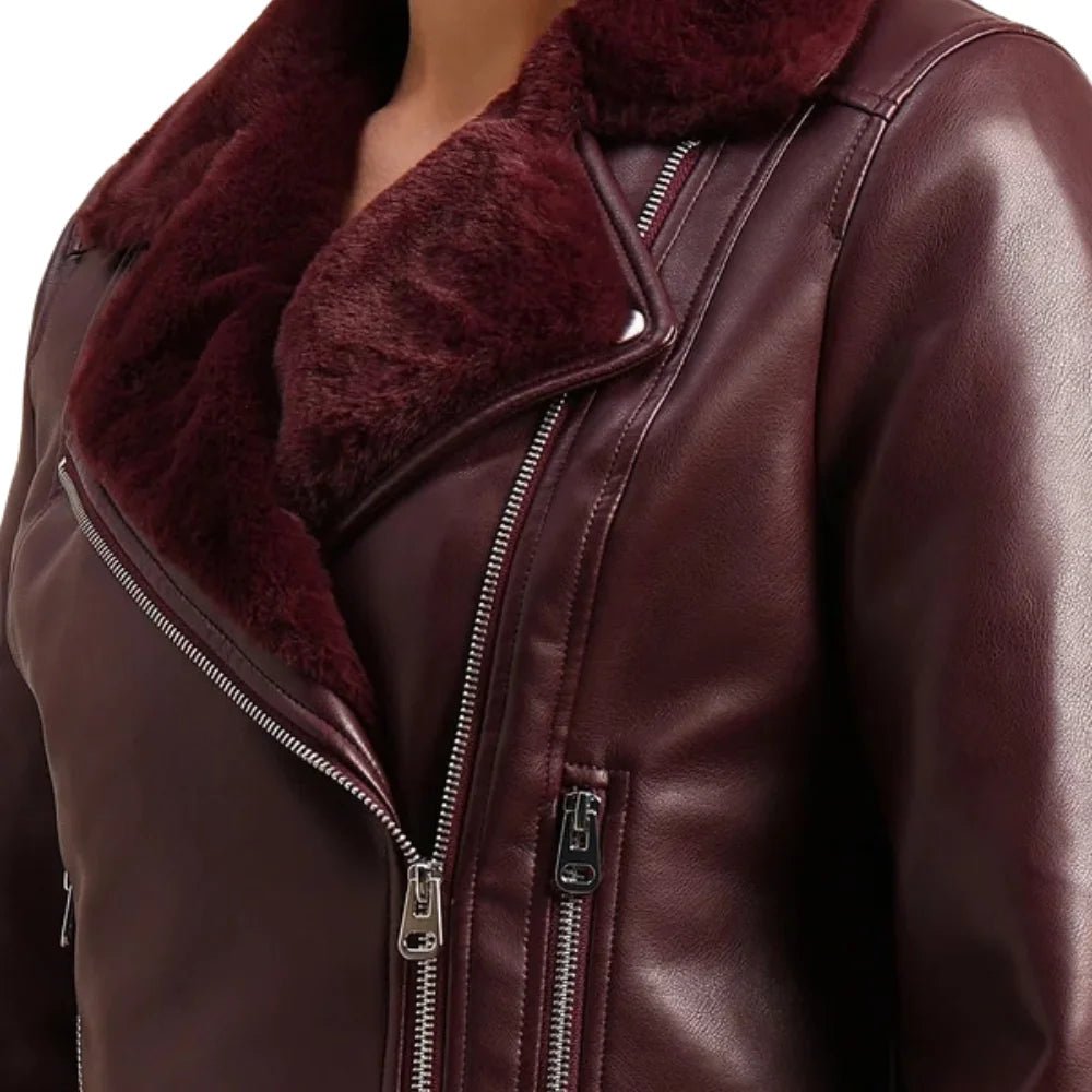 Women's Burgundy Fur Shearling Leather Jacket - Image 3