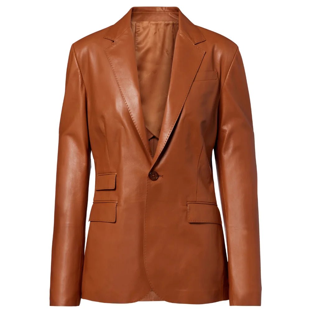 Women's Single Button Cognac Leather Blazer with Ticket Pocket