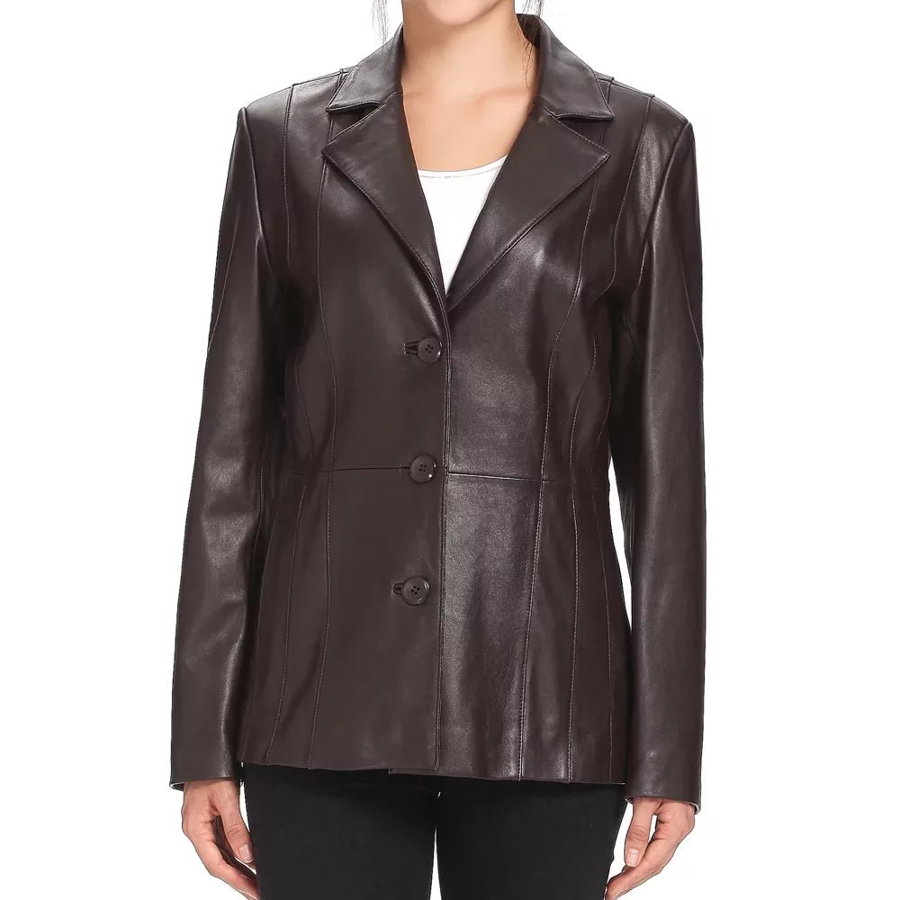 Women's Dark Brown Princess Seam Leather Blazer - Image 2