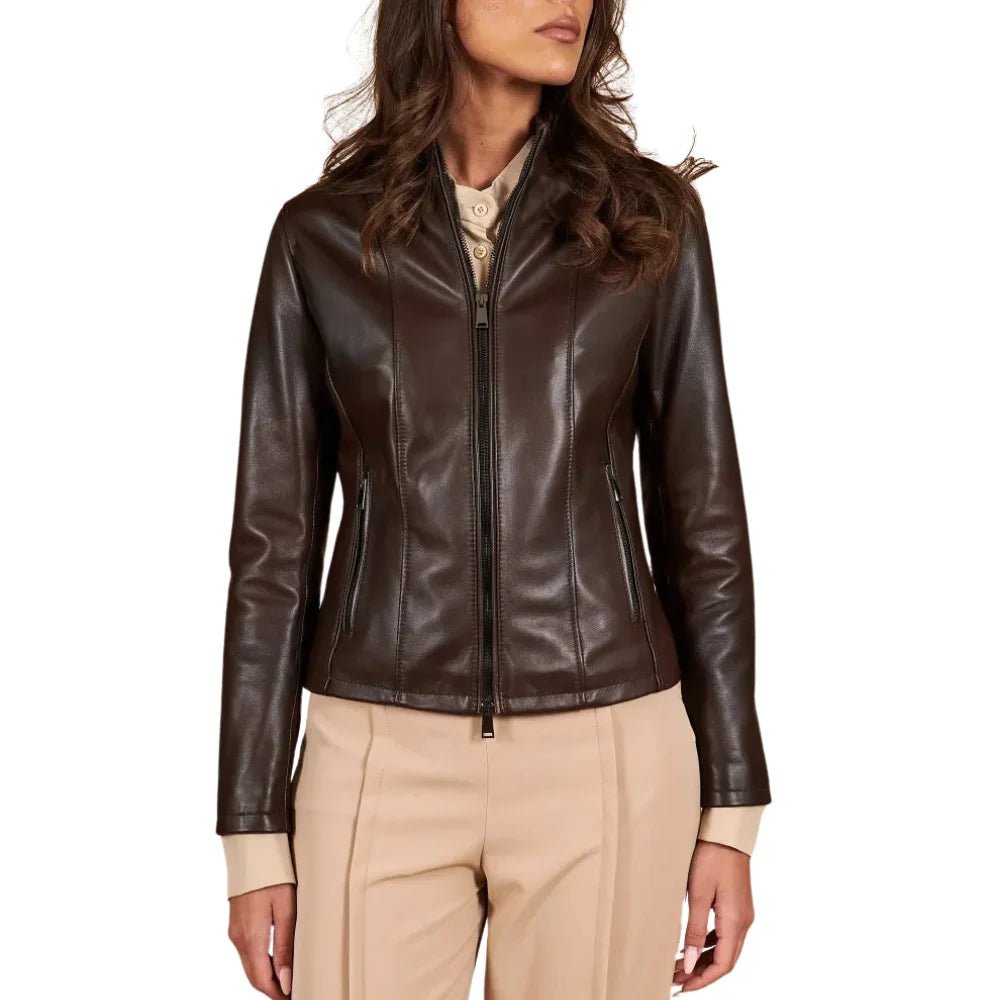 Women's Dark Brown Leather Stand Collar Jacket