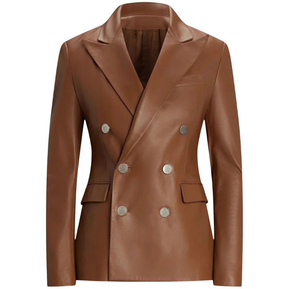 Women's Double Breasted Brown Leather Blazer