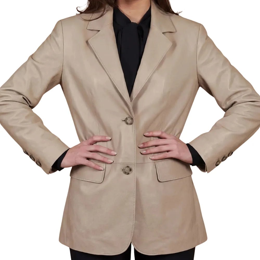 Women's Taupe Two Button Leather Blazer - Image 2