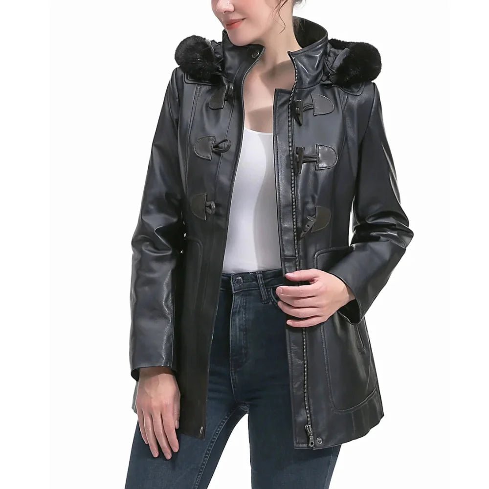 Women's Black Hooded Leather Duffle Coat - Image 2
