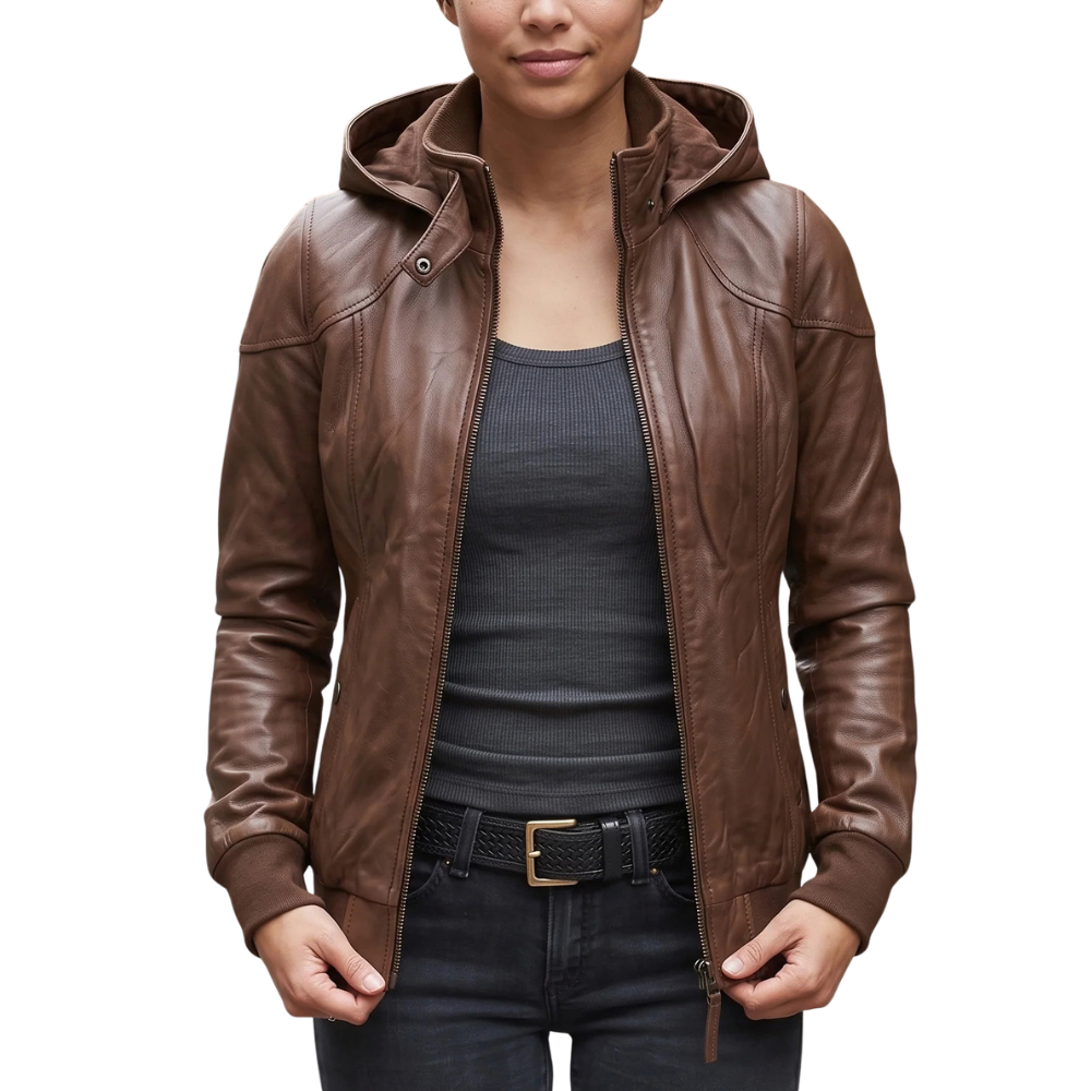 Women's Hooded Brown Leather Jacket