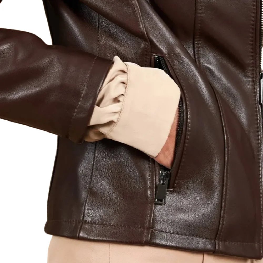 Women's Dark Brown Leather Stand Collar Jacket - Image 12