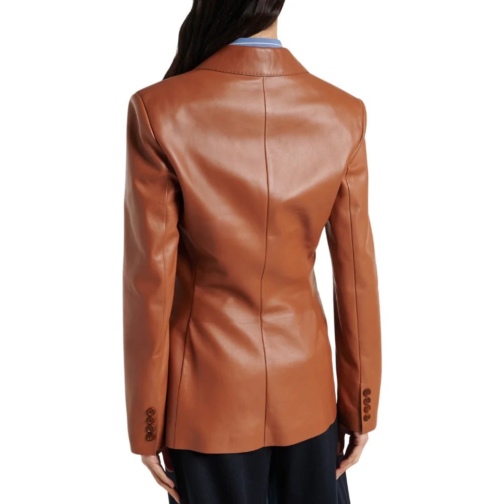 Women's Single Button Cognac Leather Blazer with Ticket Pocket - Image 5