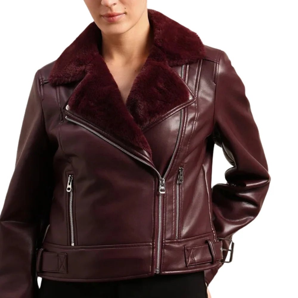 Women's Burgundy Fur Shearling Leather Jacket - Image 2