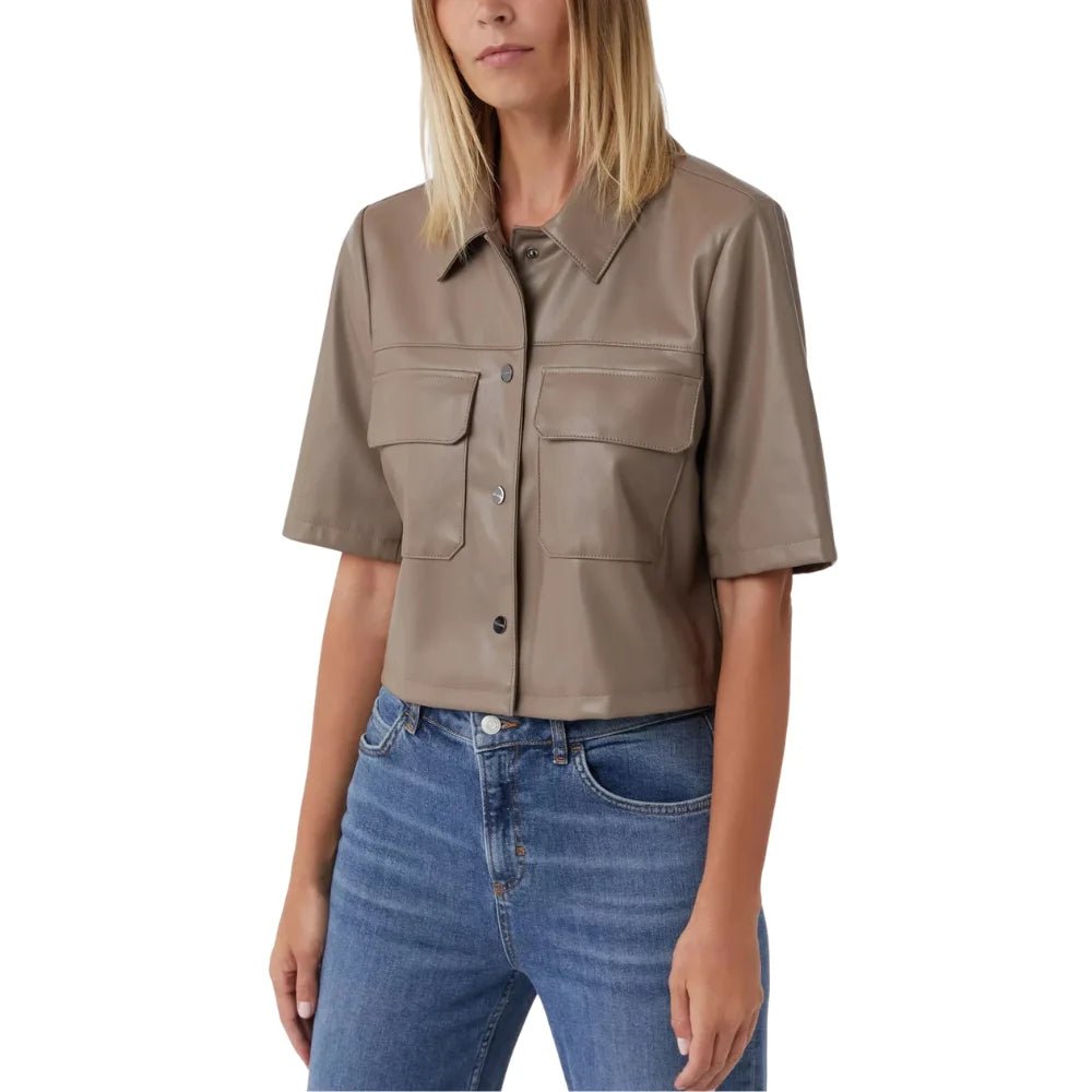 Women's Taupe Short Sleeve Leather Shirt - Image 2
