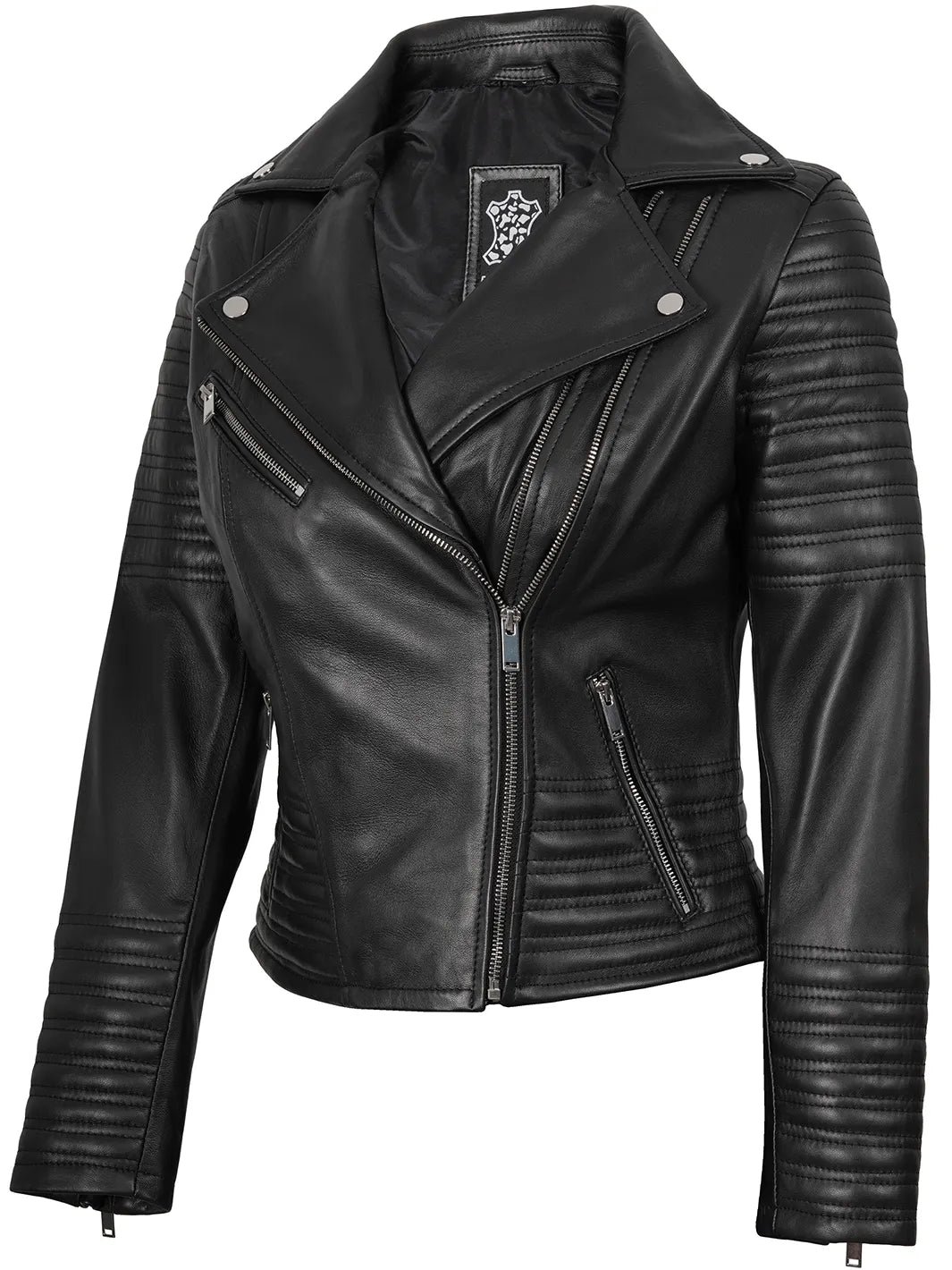 Women's Black Asymmetrical Biker Style Leather Jacket | Padded Detailing