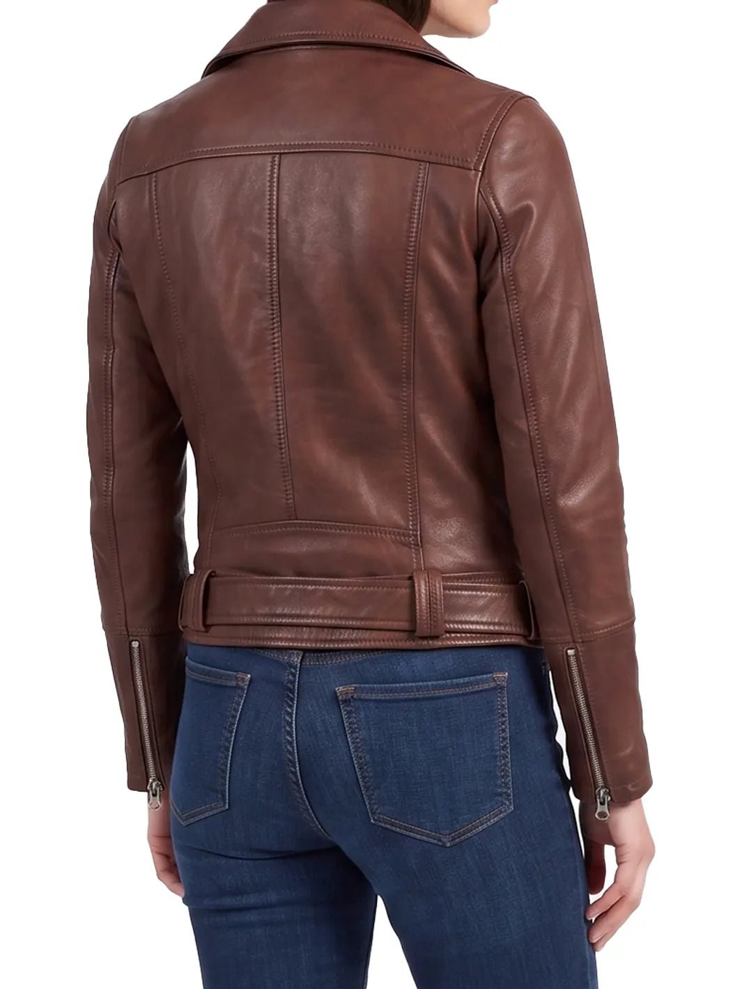 Women's Cognac Brown Lambskin Biker Jacket — Asymmetrical Collar - Image 2