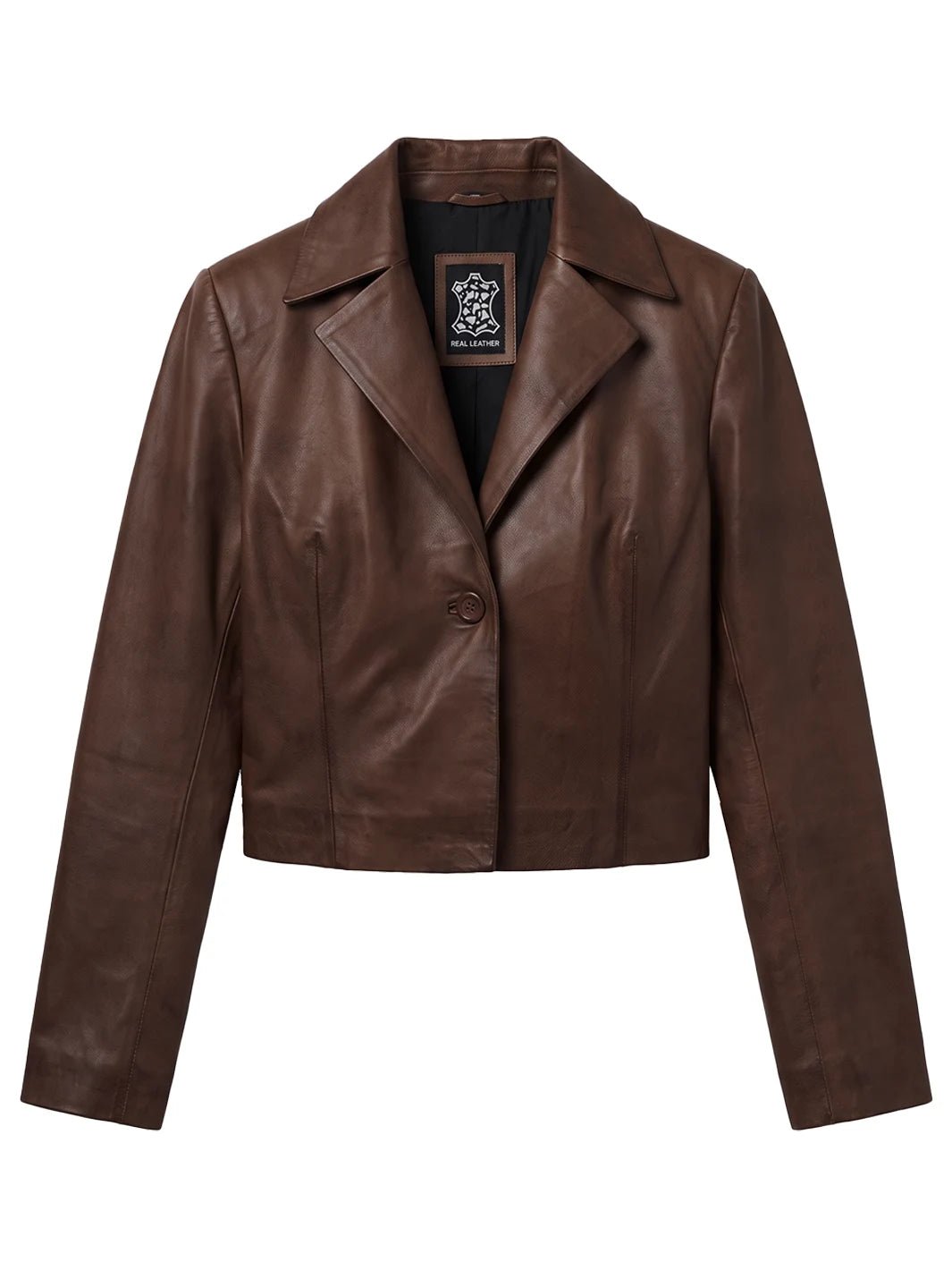 Women's Cognac Brown Single Button Cropped Leather Jacket - Image 5