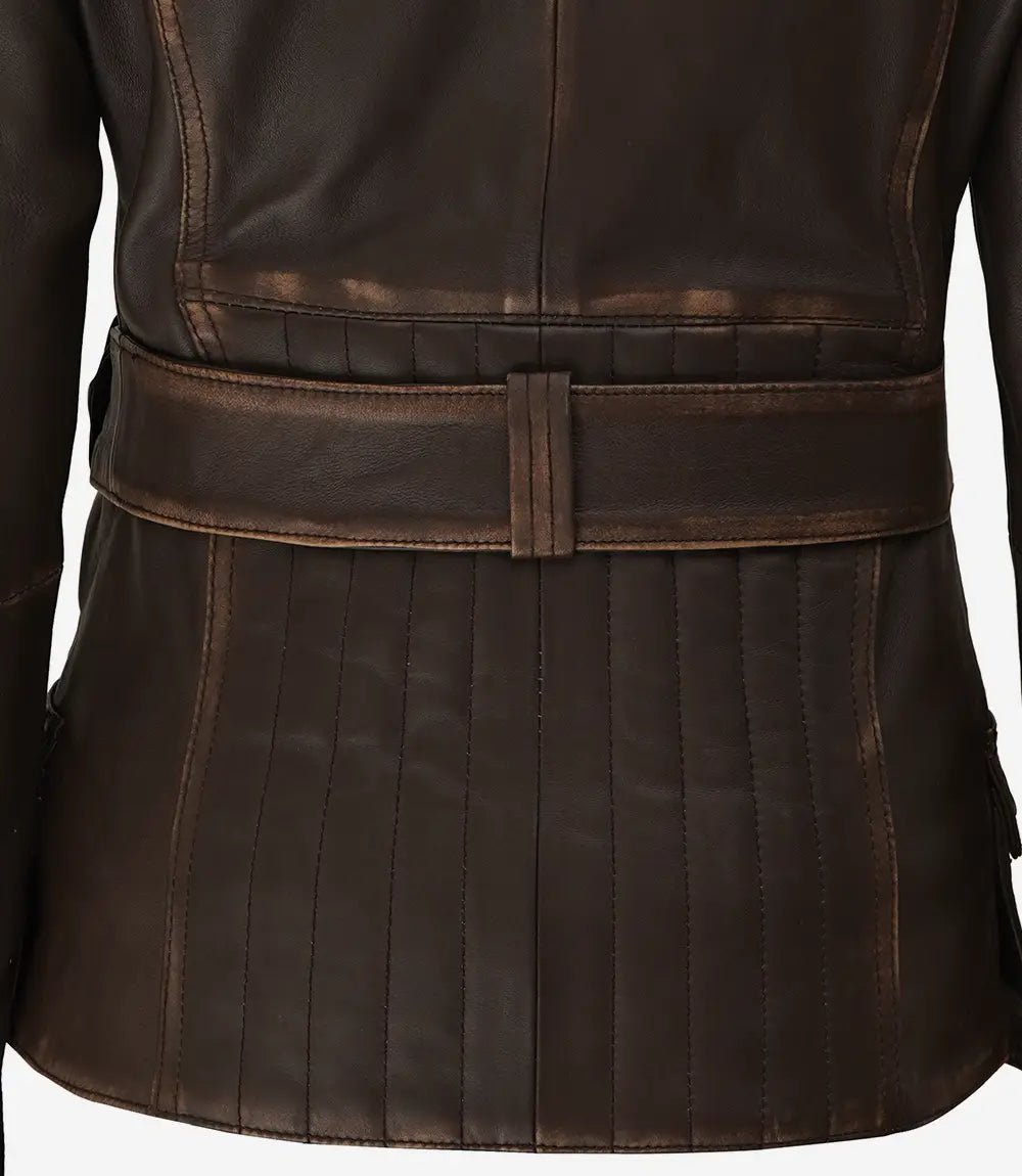 Women's Distressed Brown Asymmetrical Leather Biker Style Jacket - Image 4