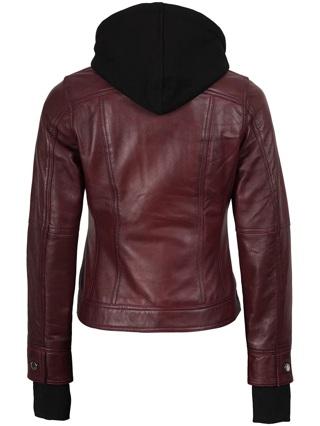 Women's Burgundy Hooded Leather Bomber Jacket - Image 3