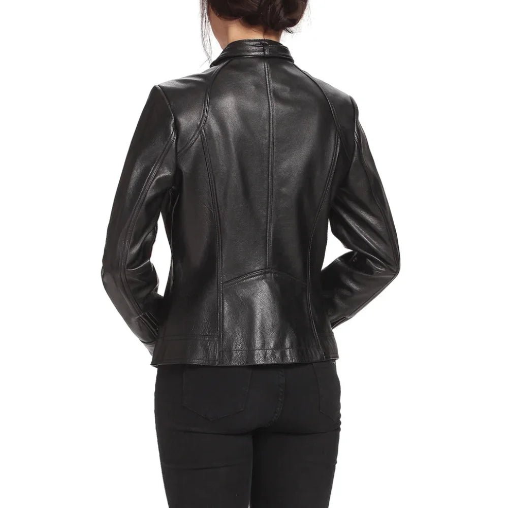 Women's Black Stand Collar Leather Jacket - Image 8