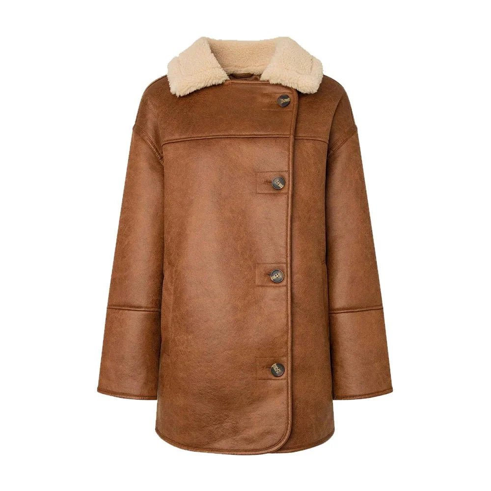 Women's White and Brown Sherpa Aviator Jacket - Image 3