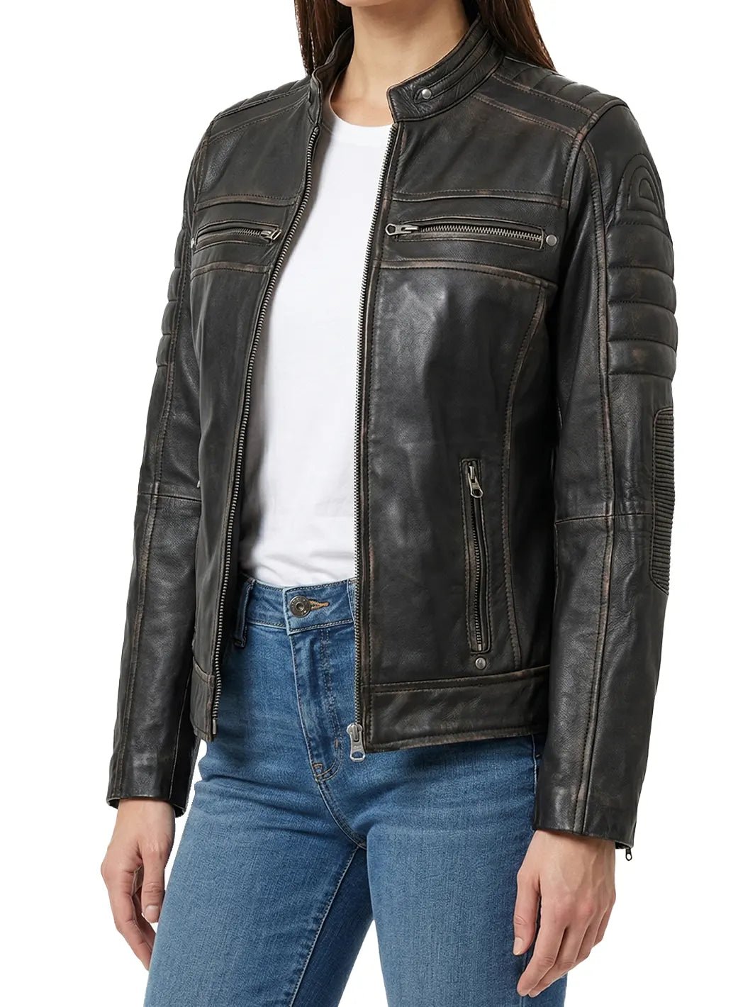 Women's Dark Brown Biker Style Leather Jacket - Image 2