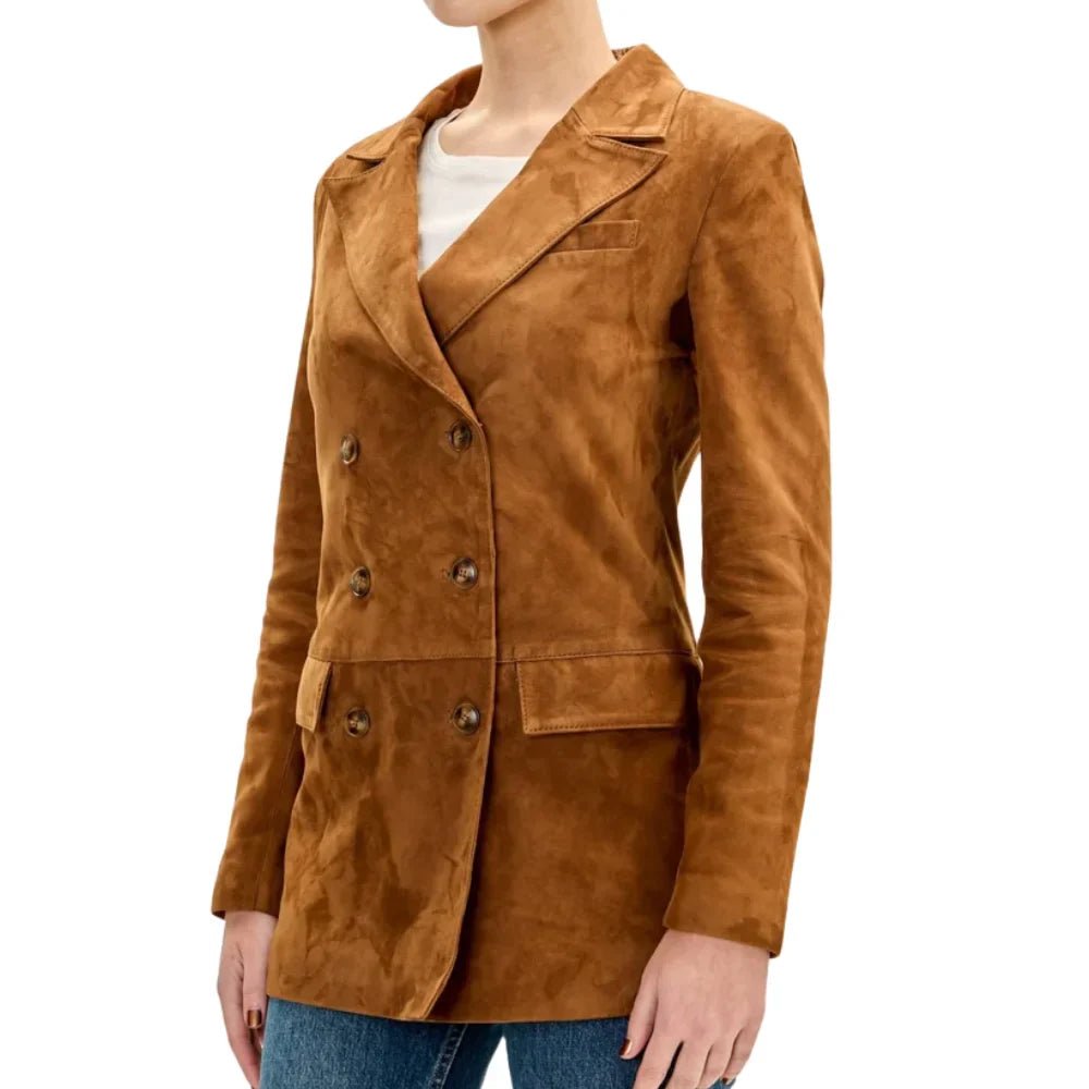 Women’s Brown Suede Double Breasted Long Jacket - Image 4