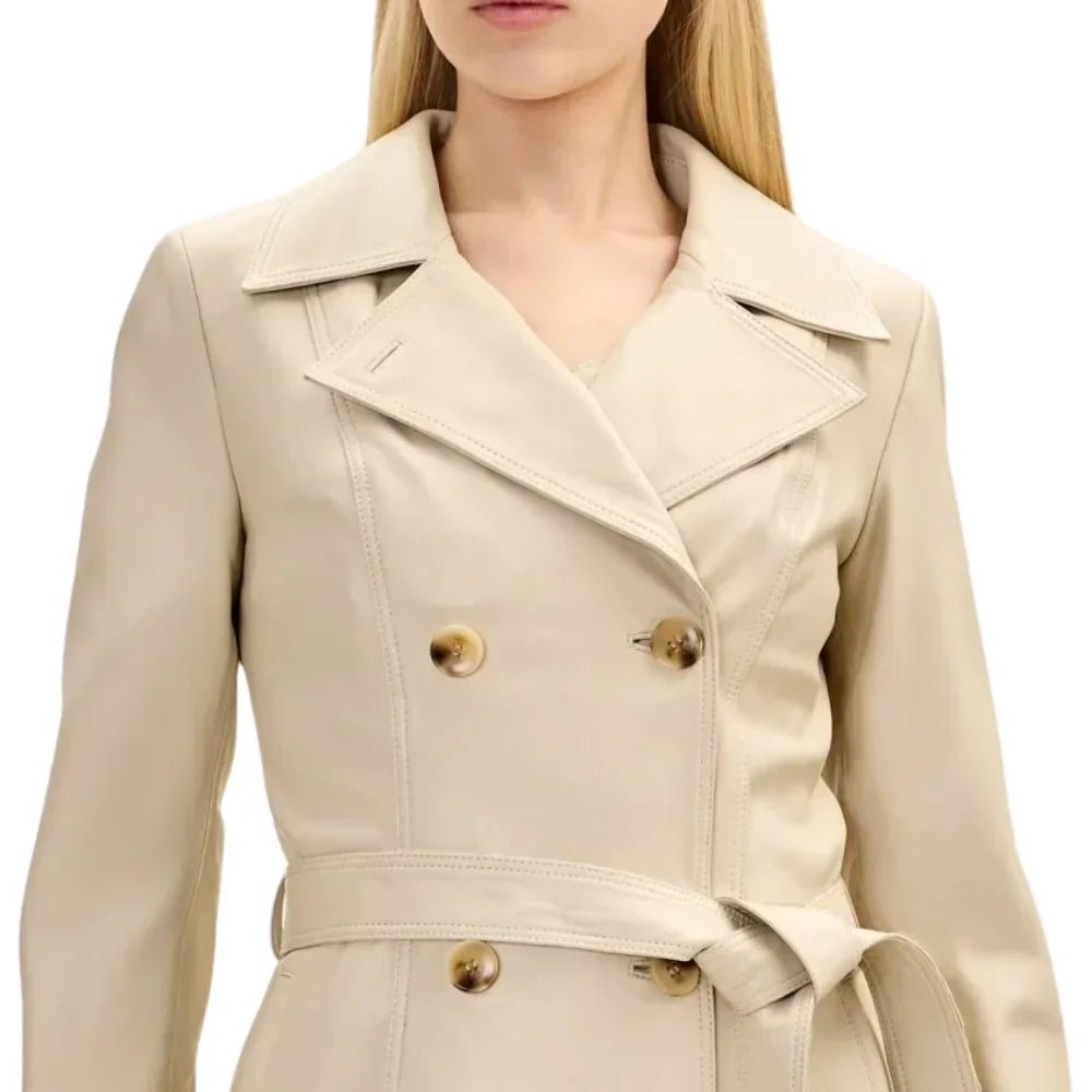 Women’s Beige Double Breasted Leather Trench Coat - Image 4