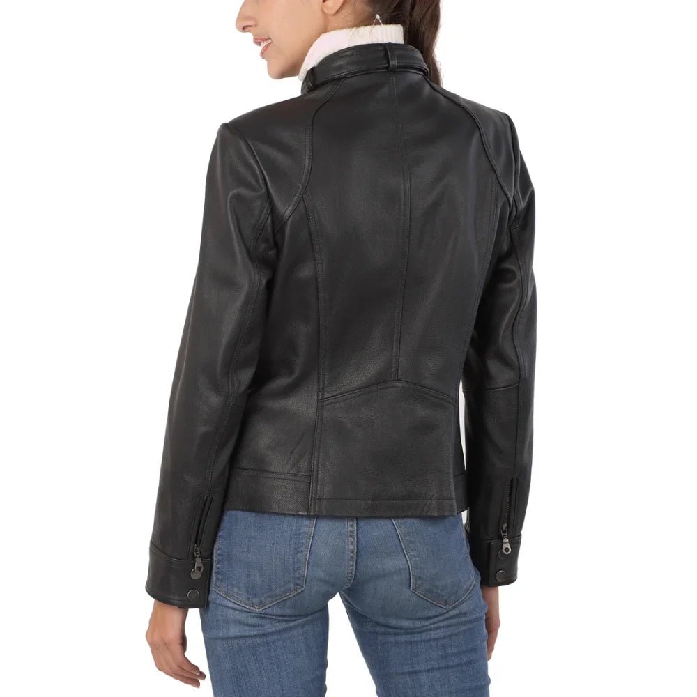 Women's Black Stand Collar Leather Jacket - Image 7