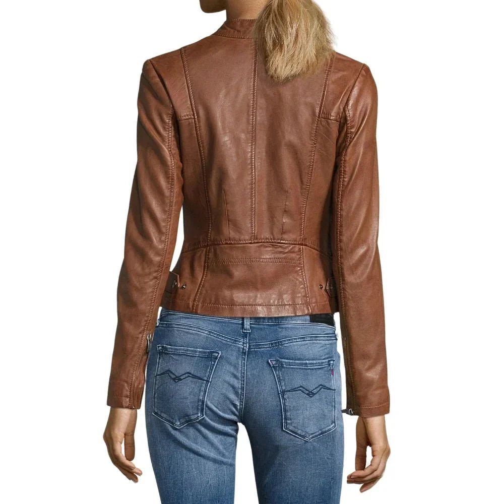 Women’s Brown Leather Cafe Racer Jacket with Stand Collar - Image 4