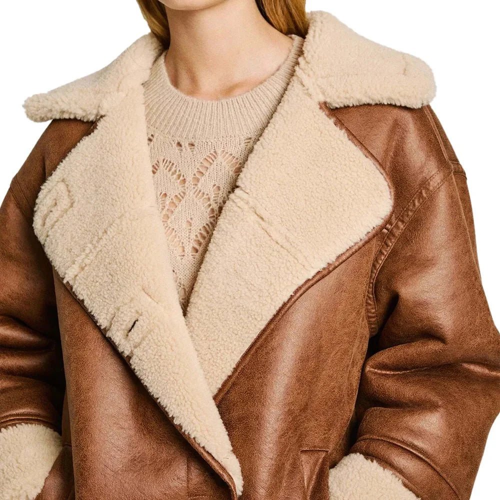 Women's White and Brown Sherpa Aviator Jacket - Image 2