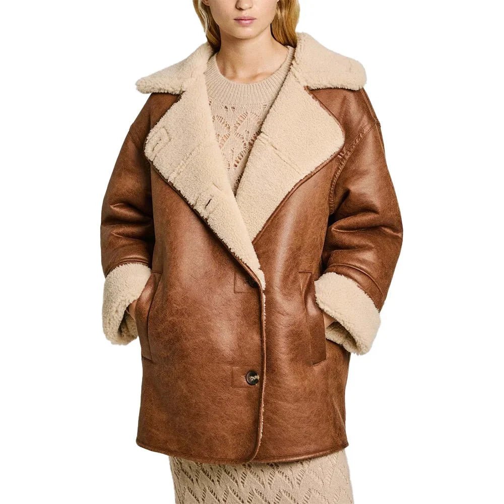 Women's White and Brown Sherpa Aviator Jacket