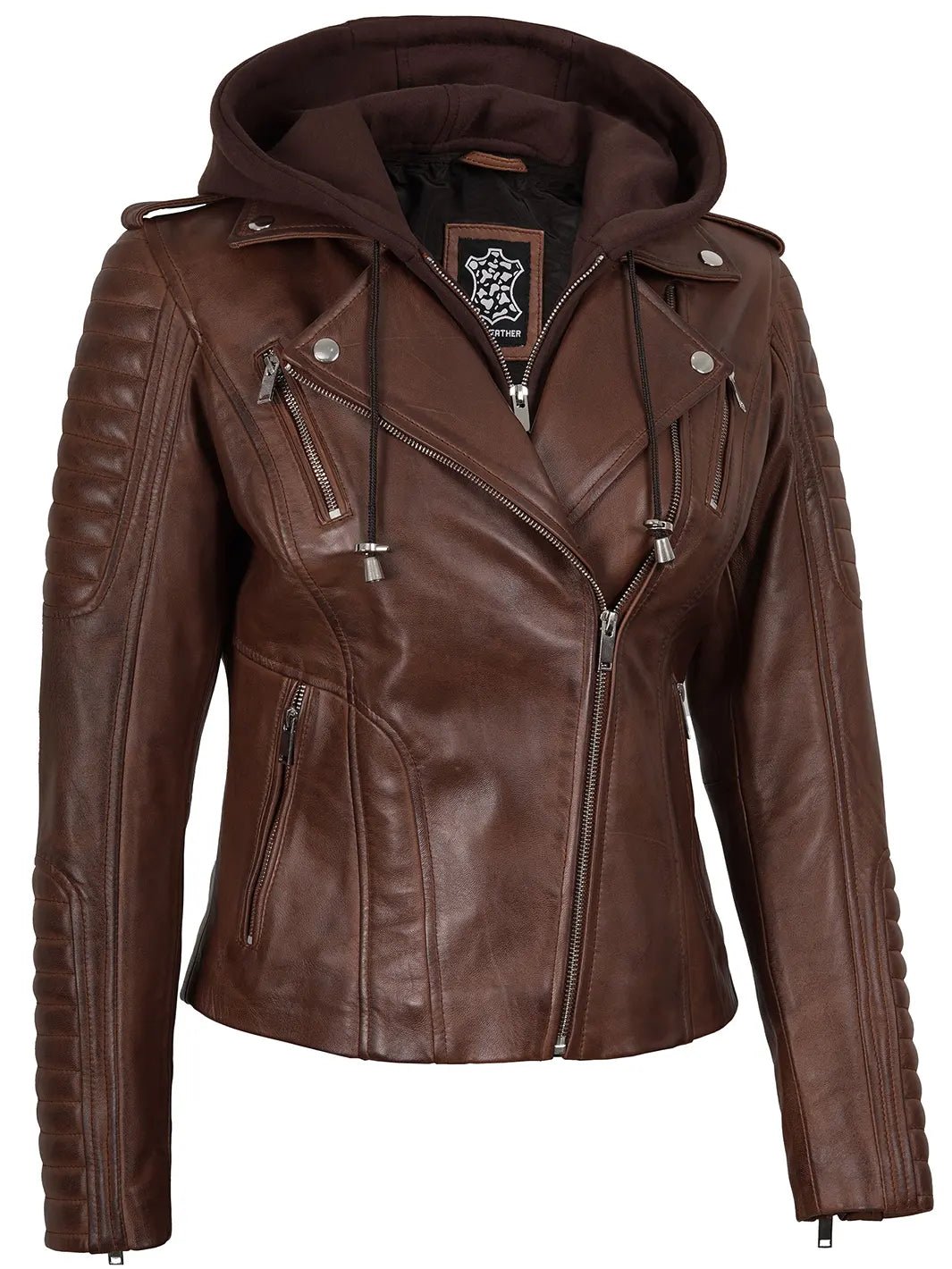 Bagheria Womens Cognac Biker Style Leather Jacket With Removable Hood - Image 6