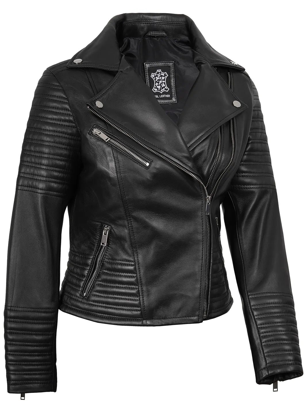 Women's Black Asymmetrical Biker Style Leather Jacket | Padded Detailing - Image 3