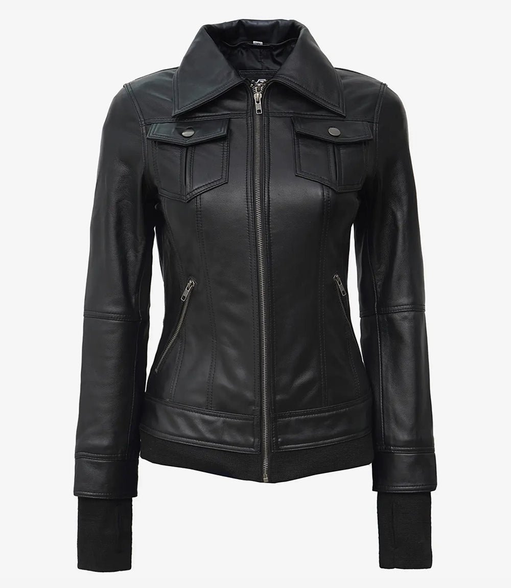 Women's Black Leather Bomber Jacket with Removable Hood - Image 3