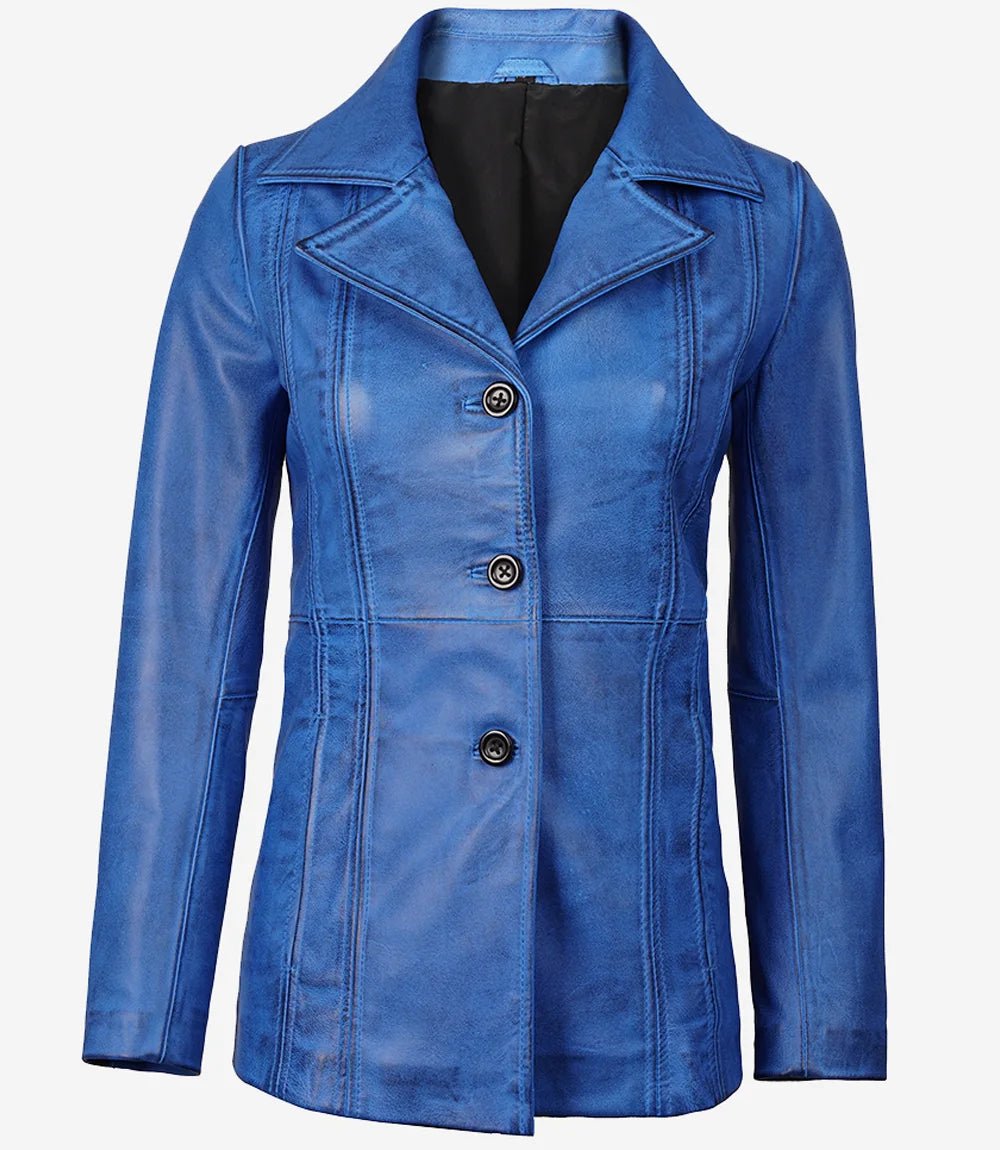 Katie Women's Blue 3/4 Length Leather Car Coat - Image 4