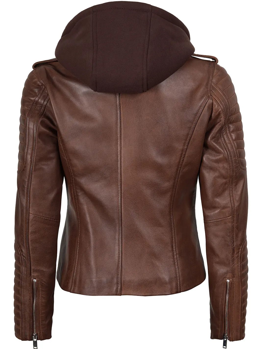 Bagheria Womens Cognac Biker Style Leather Jacket With Removable Hood - Image 4
